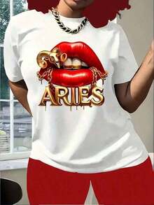Top mujer1 pieza Camiseta con Estampado de Estrellas, Estilo Aries Girl - Camiseta Casual de Manga Corta con Cuello Redondo, Transpirable, Lavable a Máquina - Top de Moda para Mujer 180g 100% AlgodónTendencia 2026 - Blanco - Ver 1