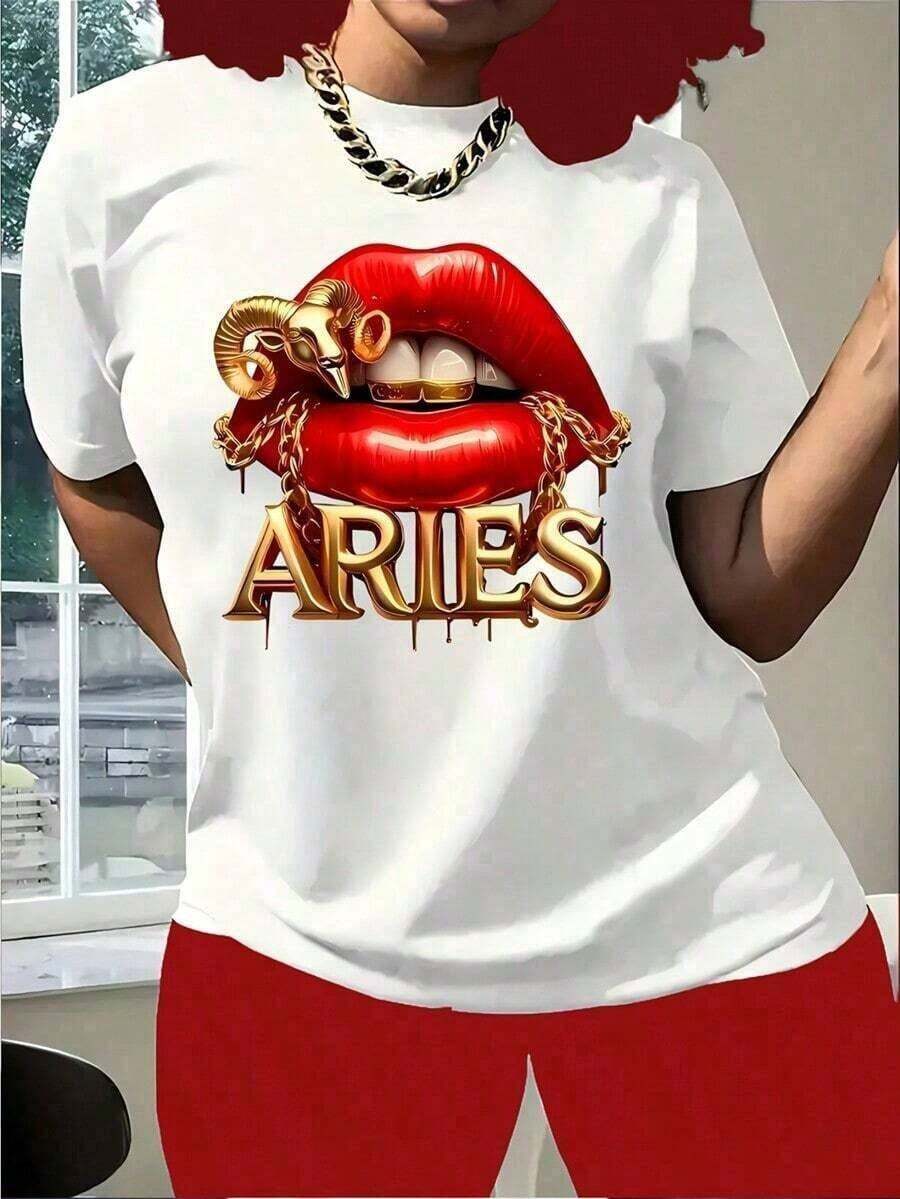 Top mujer1 pieza Camiseta con Estampado de Estrellas, Estilo Aries Girl - Camiseta Casual de Manga Corta con Cuello Redondo, Transpirable, Lavable a Máquina - Top de Moda para Mujer 180g 100% AlgodónTendencia 2026 - Blanco - Ver 1
