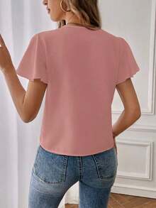Camisa de mujer de unicolor con escote en V entallado y manga corta, informal y adecuada para el trabajo, blusas de manga corta - Rosa vieja - Ver 2