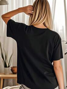 Loose Fit Pure Cotton Round Neck Short Sleeve Tee Ladies Daily Wardrobe Essential - Negro - Ver 3