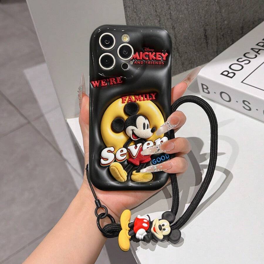 Disney Mickey Mouse Phone Case With Mickey Charm And Lanyard - Cute Mickey Protective Case With "We're Family" Quote And Black Background Design, Equipped With Delicate Mickey Decorative Lanyard And Beaded Bracelet For Easy Carrying, Compatible With IPhone 17, 16, 15, 14, 13, 12, 11 Pro Series, Ideal For Birthdays, Holidays, Anniversaries, Graduation Gifts, Or Any Special Occasion To Surprise Family, Friends, Classmates, And Loved Ones. - 白色 - 查看 1