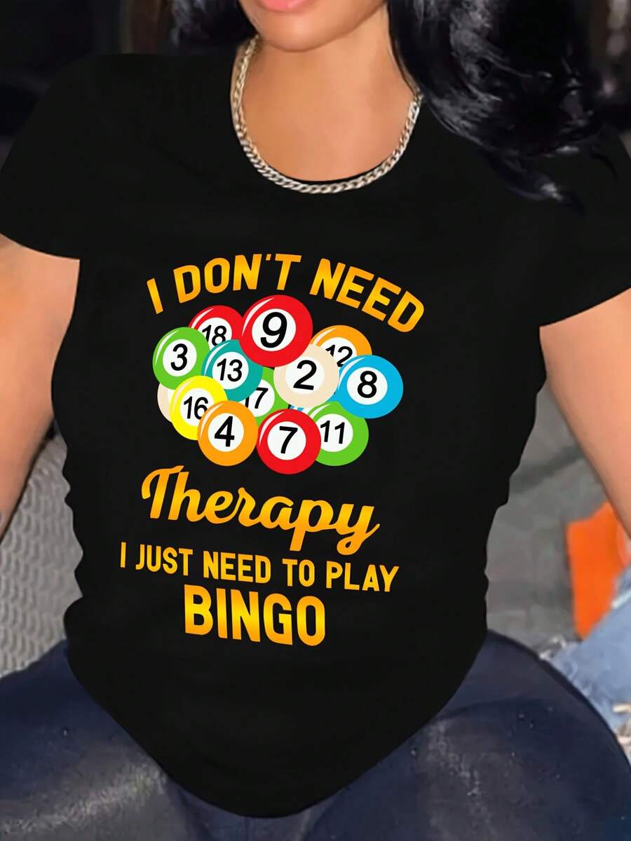 Relax Bingo Graphic T-Shirt With Slogan - Crew Neck And Short Loose Fit, Colorful Bingo Ball Design, Machine Washable For Summer Casual Wear, Medium Stretch Material, Adorable Animal Print, Fun Letter Print, Matches With Street Fashion, Summer Outdoor Or Everyday Wear, Daily Wear For Sweet Girls Or Students, Cool And Sweat-Free Summer Clothes - 黑色 - 查看 1
