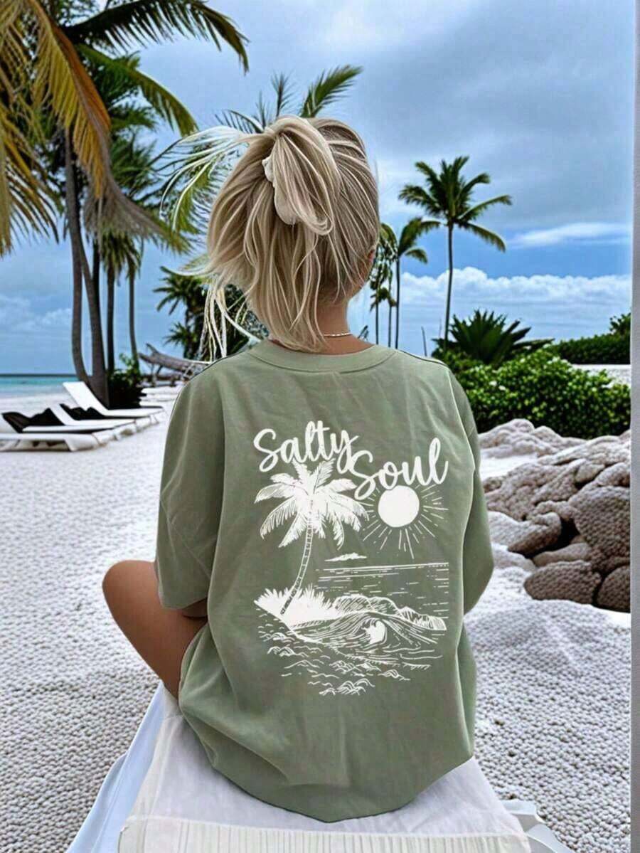 Y2K Style, Modern Style, The Newest Of 2026, Cute Style, Casual Style. SALTY SOUL Women's Short Sleeve Crew Neck T-Shirt With Coconut And Sun Print, Spring/Summer, Versatile And Fashionable, Essential For Everyday Wear And Vacations. Women's Vacation Print T-Shirt, 100% Cotton, 180g (Sizes S-XXXL) - 綠色 - 查看 1
