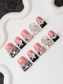 10Pcs Handmade Y2K-Style Duck Mouth Nail Tips, Nude & Black Colors With French Tip, Crystal, Snake, Flower, Planet, Star Elements, Suitable For Parties, Balls, Daily Wear, Unisex For Women & Girls, Comes With Accessories, Great Gift Press On Nails Nail Supplies Nails Handmade Press On Nails - Nhiều màu - Xem 8