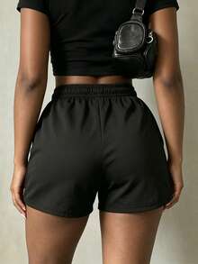 Women's Casual Sports Shorts, Lightning Print, Zipper Closure, Drawstring Waist, Suitable For Running, Sports, Casual Wear In Summer - Black - View 2