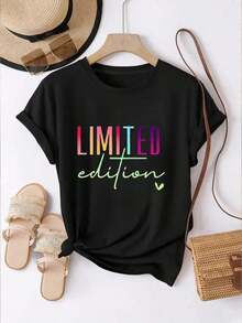 Camiseta de Algodón de la Nueva Colección 2026 para Mujer, Camiseta Gráfica de Cuello Redondo, Hombros Caídos, Manga Corta, Estilo Casual, Algodón Ligero - Negro - Ver 2