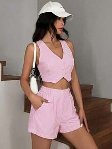 Conjunto de chaleco sin mangas y pantalones cortos a rayas azul y blanco, apto para primavera/verano y otoño/invierno - Rosa - Ver 4