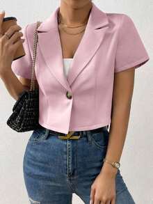 Blazer de mujer de unicolor con un solo botón y manga corta, para uso casual en verano - Rosa - Ver 4