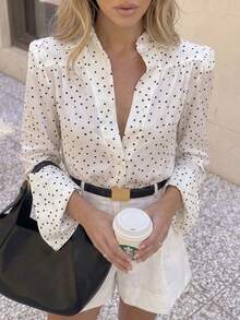 1 pieza Camisa de mujer de manga larga con lunares, versátil para negocios, casual, viajes, apta para todas las estaciones - Blanco - Ver 3