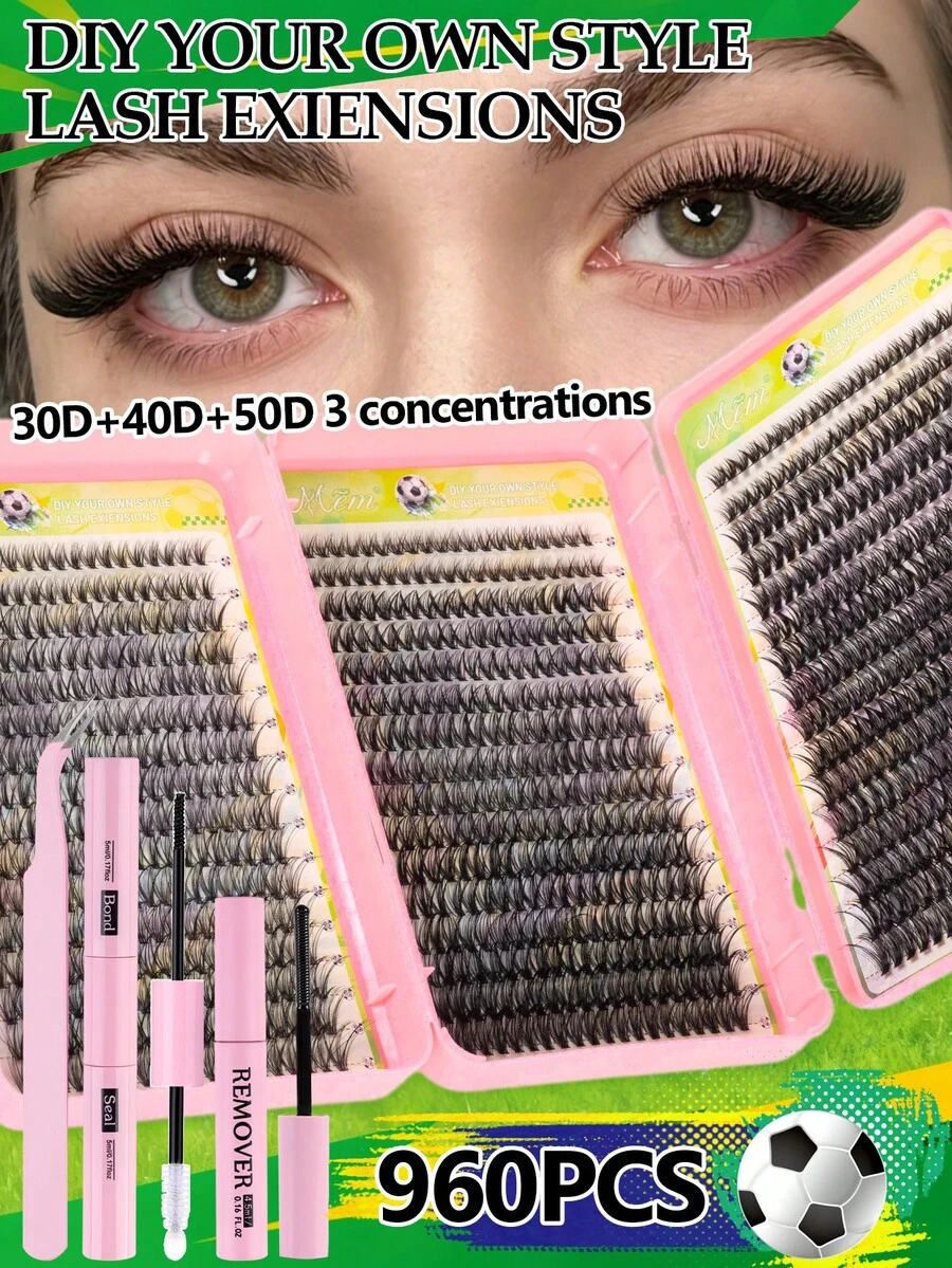 960片大容量D捲度簇裝假睫毛書本套組，混色30D/40D/50D 9-16mm 柔軟輕盈可重複使用蓬鬆假睫毛，含膠水、卸除液與鑷子完整套組，適合日常通勤、約會、婚禮與萬聖節妝容