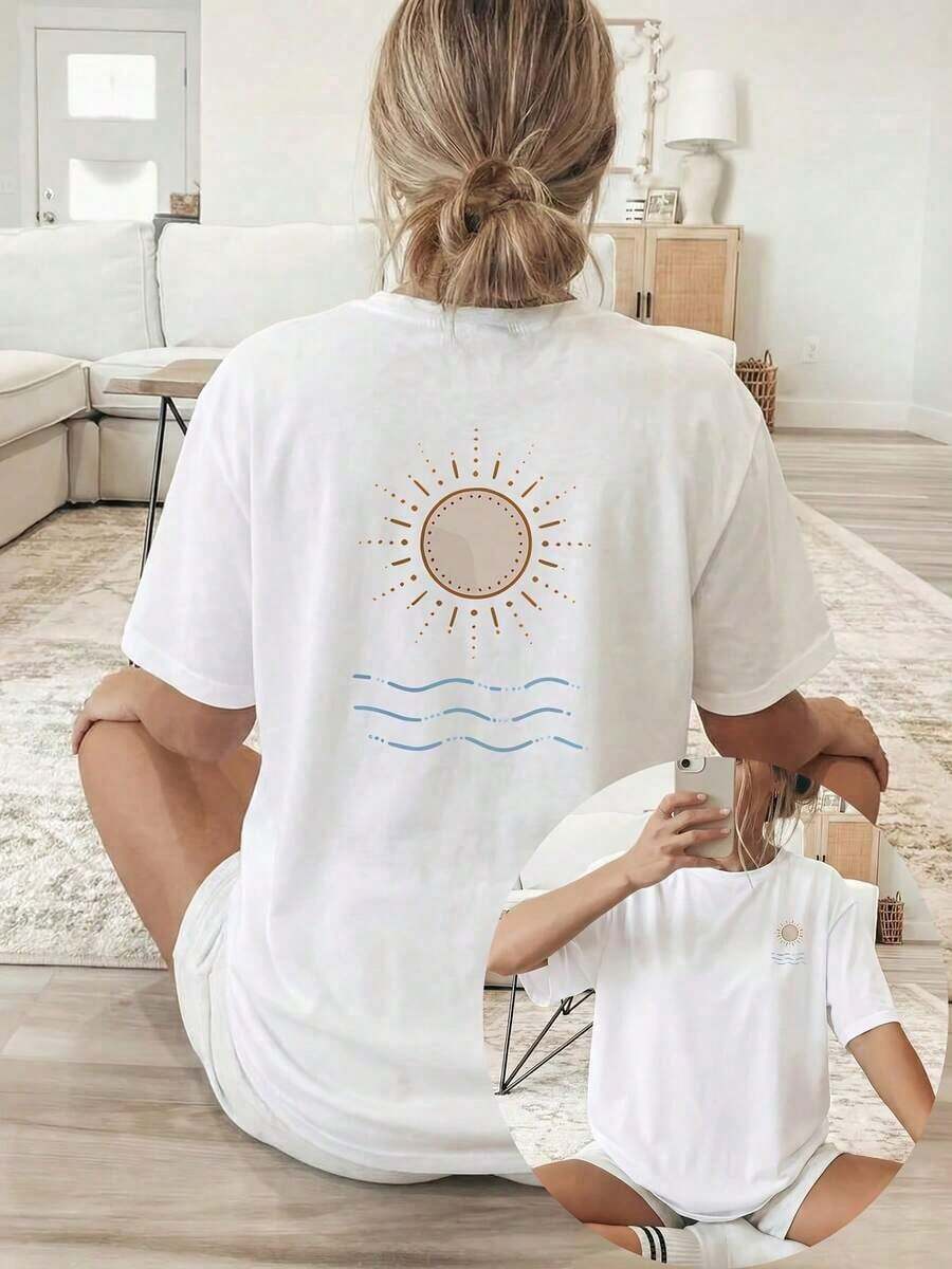 Plus Size, Short Sleeve [Double-Sided Print] Women's Loose Fit Spring/Summer Casual Clothing, Short Sleeve Crew Neck T-Shirt With Sun And Wave Print, 100% Cotton - 白色 - 查看 1