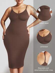1pc Plus Size Women's Dress Jumpsuit, Seamless Tummy Control Waist Shaping Bodycon Dress, Full Body Shaping Nightgown - Brown - View 2