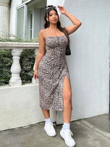 Vestido midi ajustado sin mangas con abertura lateral, busto fruncido, estampado de leopardo y estampado animal, de estilo casual y sexy, ligero para fiestas, vacaciones de verano y principios de otoño, para mujeres de talla grande - Multicolor - Ver 3