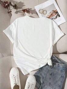 Camiseta de manga corta para mujer con estampado de eslogan "PLZ USE IT", camisetas gráficas para mujer, tops de tela suave, transpirable y cómoda. - Blanco - Ver 2