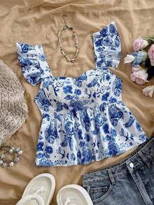 Blusa de corte de línea A con cuello cuadrado, manga corta y estampado retro azul y blanco, adecuada para fiestas, citas, el Día de San Valentín, el té de la tarde - Azul y blanco 2 - Ver 1