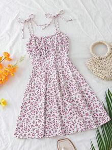 Vestido midi con estampado floral y tirantes anudados en los hombros, vestido bohemio sin espalda con nudo, busto fruncido sin mangas con tirantes finos, ajuste regular, vestido corto con estampado floral pequeño, para primavera/verano, uso diario - Rosa - Ver 1
