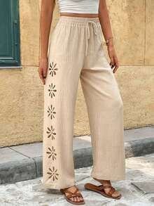 Frenchy Pantalones anchos de pierna ancha con cordón en la cintura, de unicolor y con corte láser, estilo casual de vacaciones para mujer - Caqui - Ver 3