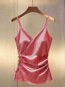 top de tirantes finos con volantes y rayas, decoración con botones y cruce delantero, para mujer, primavera/verano - Rojo y blanco - Ver 3