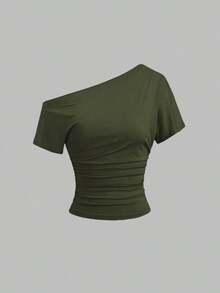 Nueva camiseta casual de primavera/verano para mujer, de estilo elegante y chic de la calle, con hombro asimétrico, ajuste delgado, deportiva, versátil y cómoda - Verde - Ver 4