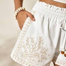 X Scot Louie White Woven Women's Casual Boho Color Block Embroidery Comfy Shorts Bead Strap Graduation - Caqui - Ver 6