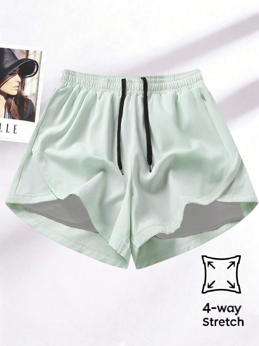 1pc Women's Shorts, 2-In-1 Solid Color Lining 2 In 1 Sports Pants, Elastic Waist Two Pieces Set, Suitable For Running, Sports, Yoga, Fitness In Summer - Mint Green - View 1