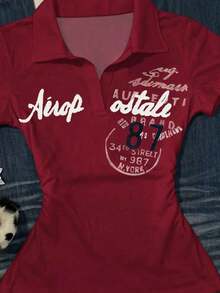 Camiseta casual de mujer con estampado de letras, verano - Burdeos - Ver 4