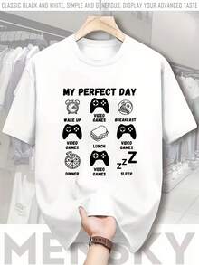 Camiseta Casual de Gaming con Diseño "Mi Día Perfecto" - Iconos de Videojuegos y Comida, Manga Corta Transpirable para Verano, Camiseta de Gaming para Uso Casual - Blanco - Ver 6