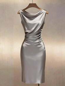 Vestido ajustado sin mangas con cuello drapeado de satén color dorado champán - Plateado - Ver 1