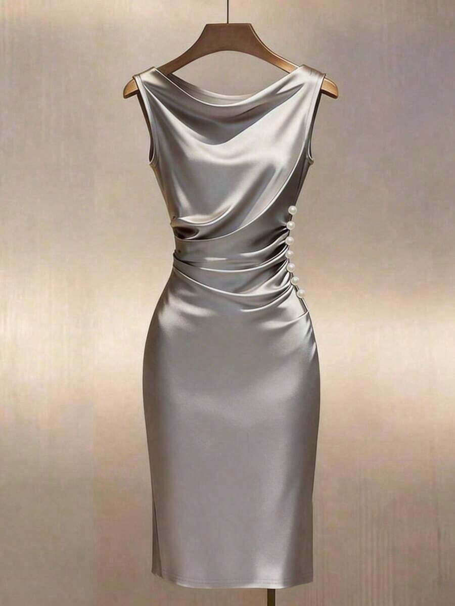 Vestido ajustado sin mangas con cuello drapeado de satén color dorado champán - Plateado - Ver 1