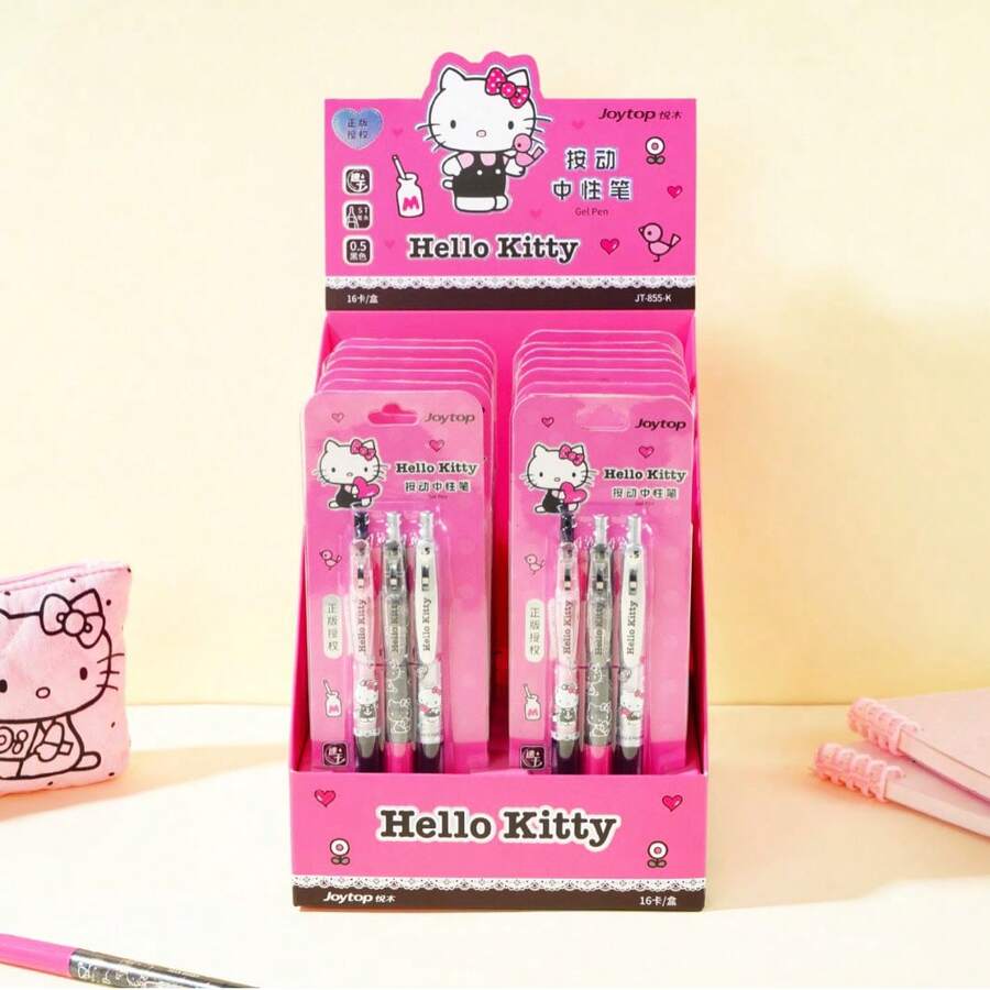 SANRIO 6 cây bút bi Hello Kitty mèo 0.5mm màu đen, ngoại hình chất lượng cao, 3 cái giá đỡ bút, đồ dùng viết - Nhiều kiểu dáng - Xem 1