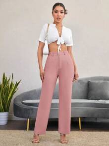 Pantalones rectos casuales lisos para mujer, para uso diario en otoño/invierno - Rosa vieja - Ver 5