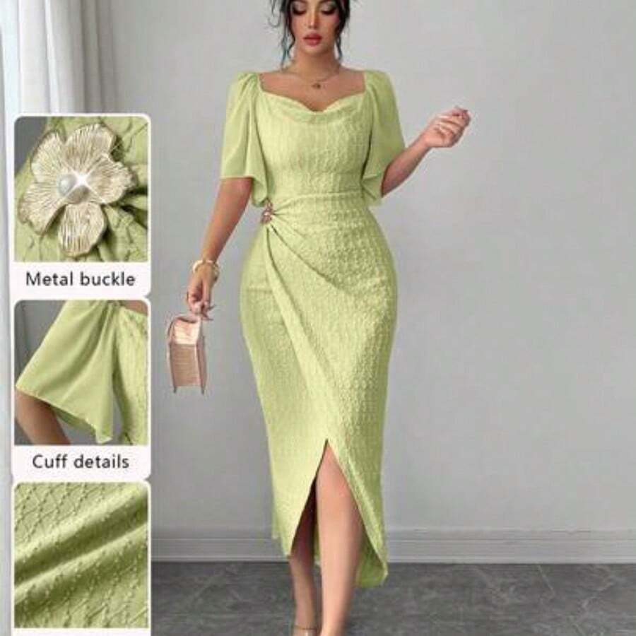 Women's Metal Buckle Color Block Ruffle Collar Petal Sleeve Fitted Elegant Dress, Spring/Summer Dress With Metal Buckle Pink Midi Dress - Verde Pastel - Ver 1
