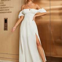 Puff Sleeve Tie Front Off Shoulder Slit Thigh Dress White Elegant Summer - Rosa Pálido - Ver 2