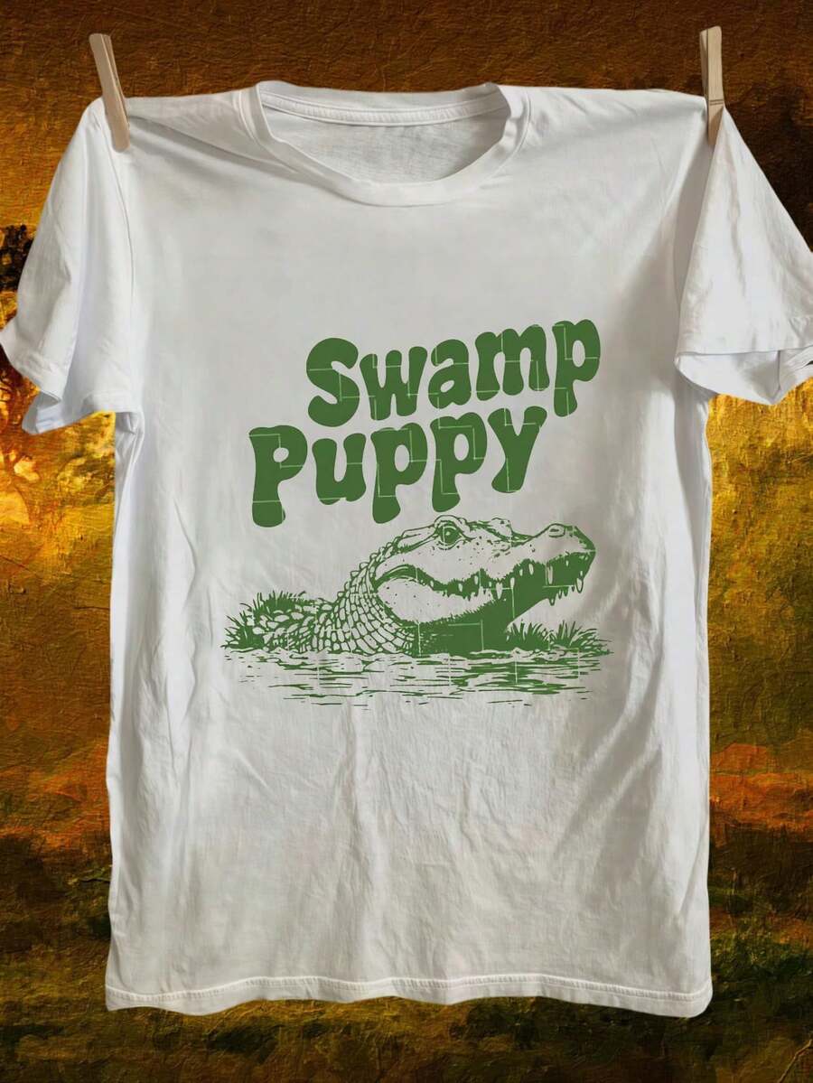 Crocodile And Swamp Pup Print T-Shirt - Unisex Casual Short-Sleeved Crew Neck T-Shirt, Super Soft, Lightweight And Breathable, Ideal For Summer - Suitable For Everyday Comfort, Outdoor Adventures Or As A Unique Gift For Animal Lovers, Suitable For Men, Women And Teenagers. - 白色 - 查看 1