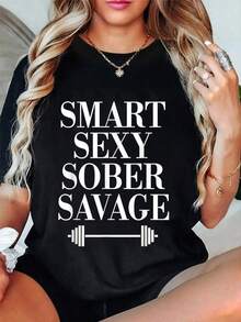 1 pieza de camiseta casual para mujer, 100% algodón, elegante, sexy, sobria, salvaje, para recuperación de adicciones, camiseta para mujer y hombre, de corte holgado, cómoda, suave, con cuello redondo, camiseta premium para mujer, estilo Y2K, camisetas de moda de verano, camisetas casuales de estilo urbano. - Negro - Ver 1