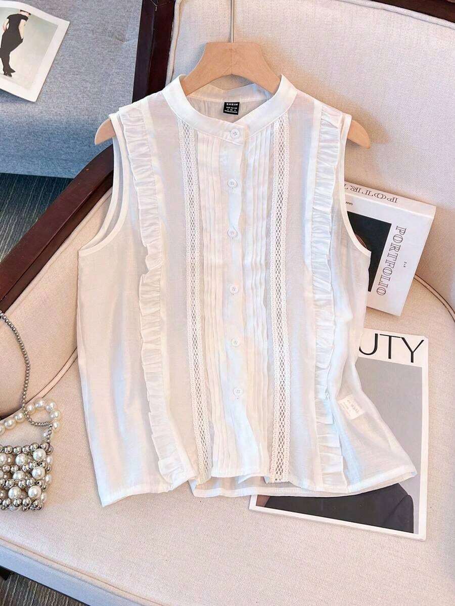 Blusa de verano de unicolor con volantes en el bajo para mujer - Blanco - Ver 1