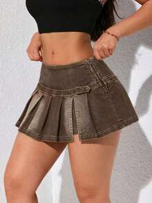 Falda mini de línea A de denim con detalles lavados y plisados de moda para mujer en verano - Café integral - Ver 7