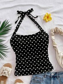Parte superior corta ajustada con cuello de halter casual para vacaciones de mujer, verano de mujer, sin espalda, ropa de vacaciones de mujer, lunares, primavera de mujer, verano, parte superior para salir de mujer, vacaciones de mujer - Negro - Ver 8