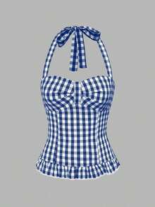 Avant Conjunto de camiseta sin espalda con cuello halter de estilo romántico de vacaciones con lunares y cuadros para mujer - Azul - Ver 3