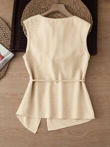 Nueva llegada Camiseta sin mangas con diseño único para mujeres, blusas coreanas de primavera/verano para mujeres, blusas lisas elegantes casuales para mujeres, blusas de estilo coreano - Albaricoque 2 - Ver 2