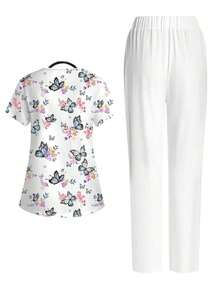 Conjunto de 2 piezas con top de manga corta con cuello en V blanco con bolsillo y diseño de oreja colgante, estampado de mariposa y flores, y pantalón recto para mujer, uniforme de enfermera de primavera/verano, conjunto casual, uniforme - Multicolor 5 - Ver 2