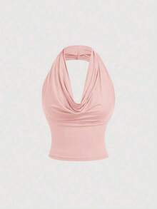Camiseta de mujer de unicolor con pliegues, de estilo versátil - Rosa Pálido - Ver 2