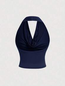 Camiseta de tirantes ajustada de un solo color con 3 formas de usar para mujeres - Azul marino - Ver 3