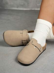 Wide Fit Women Casual Solid Color Suede Slip-On Mule Slippers - Apricot 2 - View 3