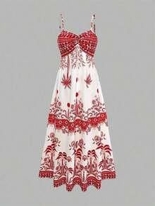 Vestido de tirantes finos con estampado y cintura anudada en forma de A para mujer, encantador, sexy y elegante para el uso diario, vacaciones, citas de moda, estilo callejero francés retro y versátil, /verano, nuevo vestido largo sin mangas de ti - Rojo - Ver 3