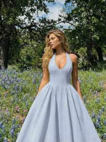 YHHSHEIN MOD Vestido largo con corbata de cuello de unicolor y estilo minimalista para mujer, uso casual diarioYHH - Azul - Ver 4