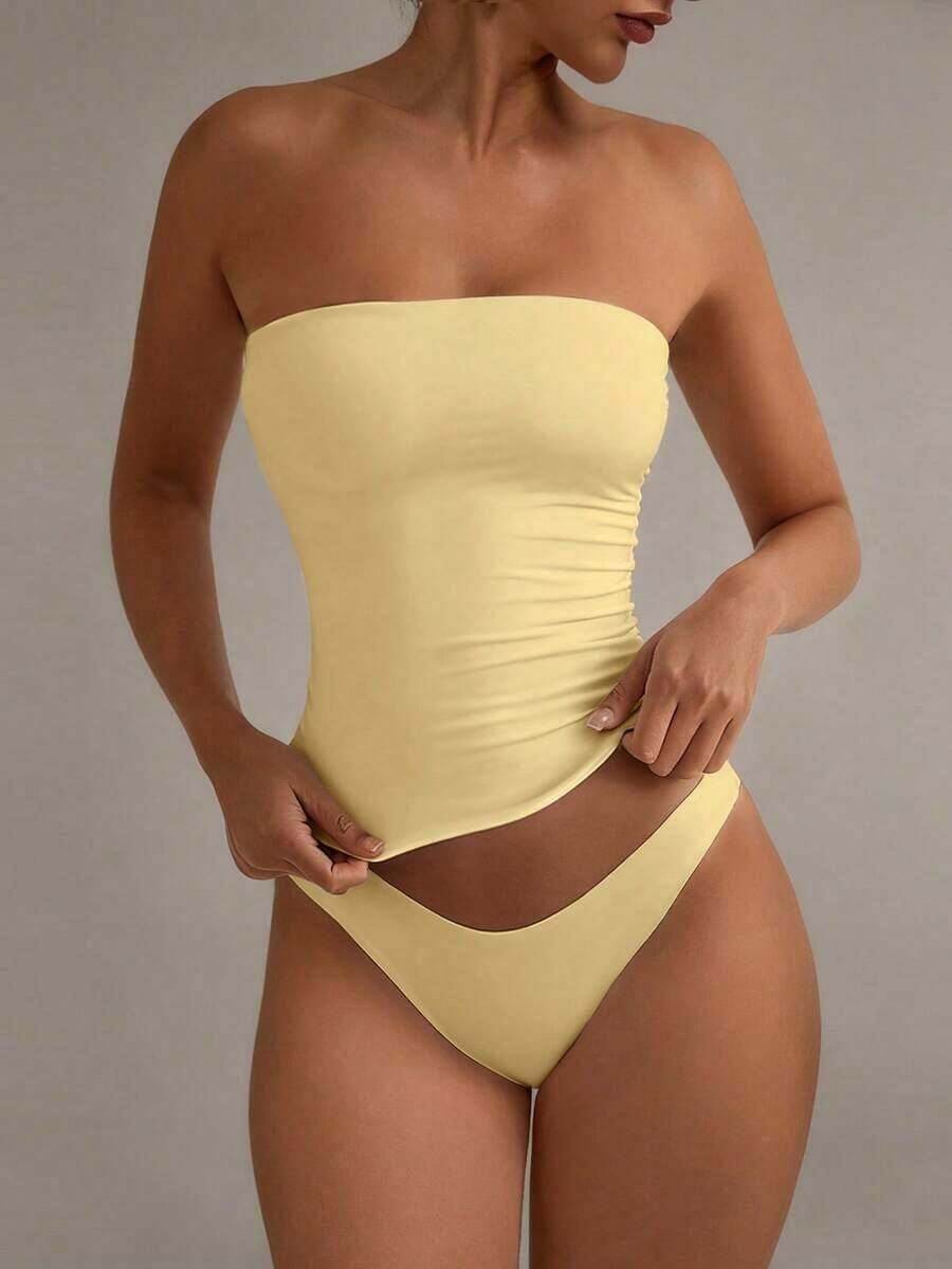 Camiseta sin tirantes sexy básica, top tubo ajustado de unicolor y elástico a la moda, adecuado para mujeres en todas las estaciones, casual negro de verano - Amarillo - Ver 1