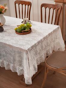 1pc French Countryside Style Floral Lace Trim Tablecloth, Holiday Decor - White - View 5