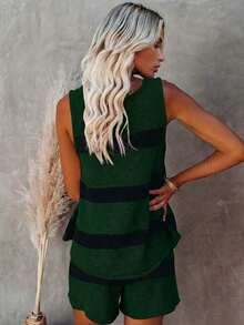 Conjunto de punto de chaleco y pantalones cortos a rayas de contraste de cuello en V, estilo elegante y relajado, adecuado para el uso diario, vacaciones, salidas a la playa en verano - Verde - Ver 2