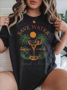 Women's Casual Short Sleeve T-Shirt - "Save Water Drink Marg's Palm Trees Cocktail Sunset Coconut" Design, Round Neck, Summer Top, Machine Washable, Ladies' T-Shirts, Casual Wear, Modern Style, Comfortable Fit

Black - 黑色 - 查看 1